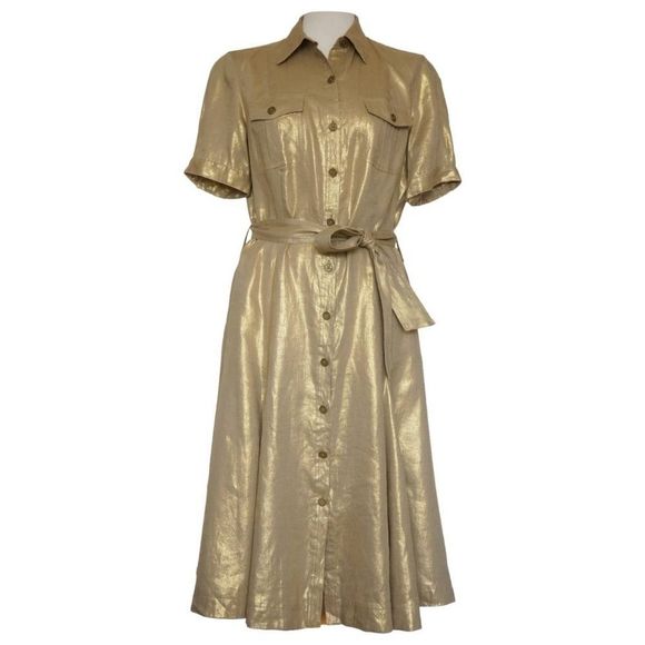 LAUREN by RALPH LAUREN Gold Linen Midi Shirt Dress Size 8 womens - Picture 1 of 8
